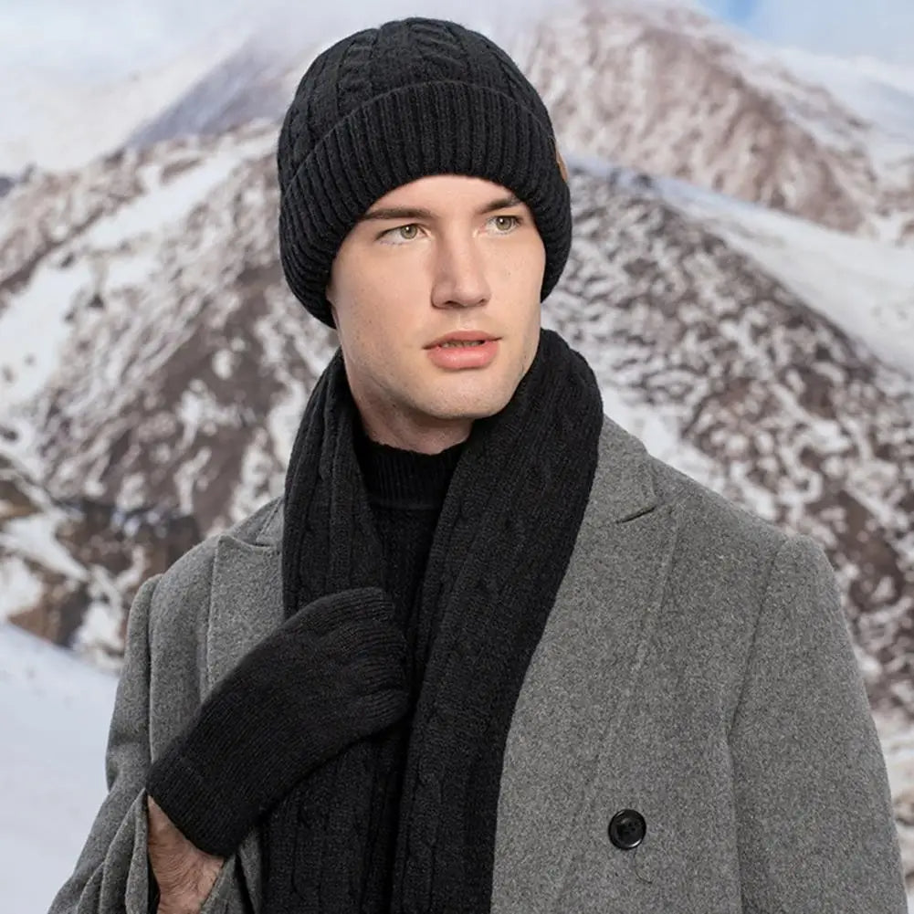 Winter Warm Hats Scarf for Men with Gloves Set