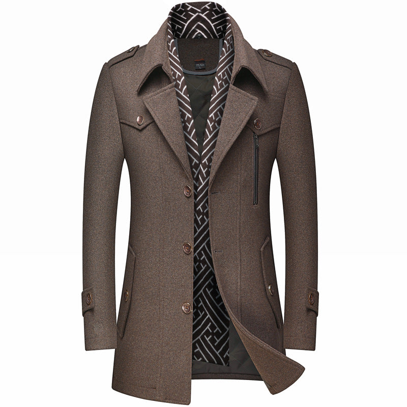 Men's Classic Slim-Fit Wool Coat With Scarf