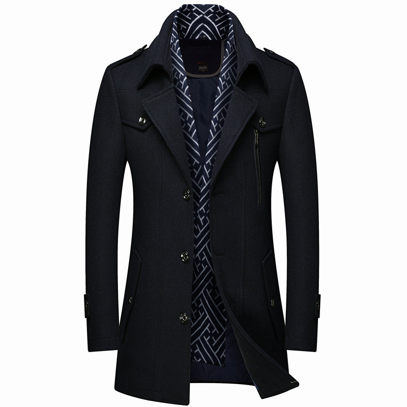 Men's Classic Slim-Fit Wool Coat With Scarf