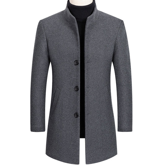 British Men's Thick Stand Collar Wool Blend Coat