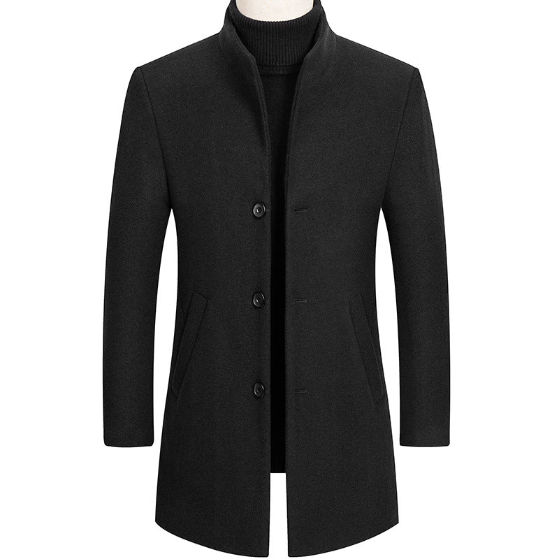 British Men's Thick Stand Collar Wool Blend Coat