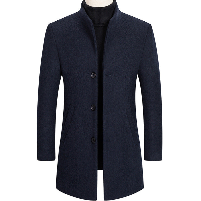 British Men's Thick Stand Collar Wool Blend Coat